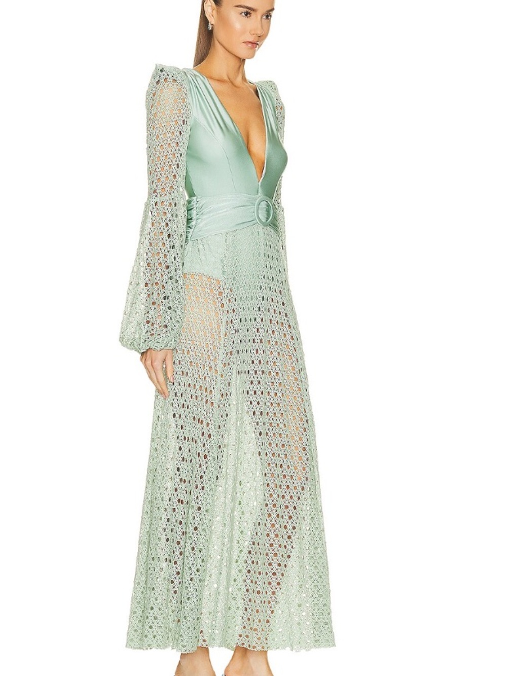 PATBO NWT Monstera Elegant Sage Green Crochet Maxi Dress with Deep V - Picture 4 of 5